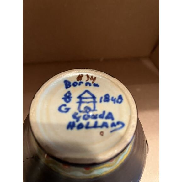 Gouda Holland Art Pottery Borne Orange Blue Ceramic Double Handle Pot 1848 - Picture 8 of 9